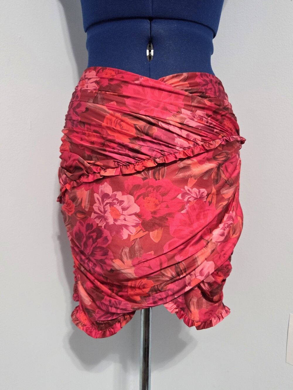 Pink Floral Ruched Ruffle Mini Skirt Size S